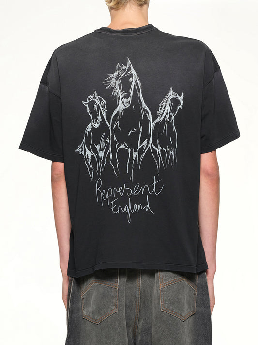 Hand Drawn Thoroughbred Horse T-Shirt in Aged Black