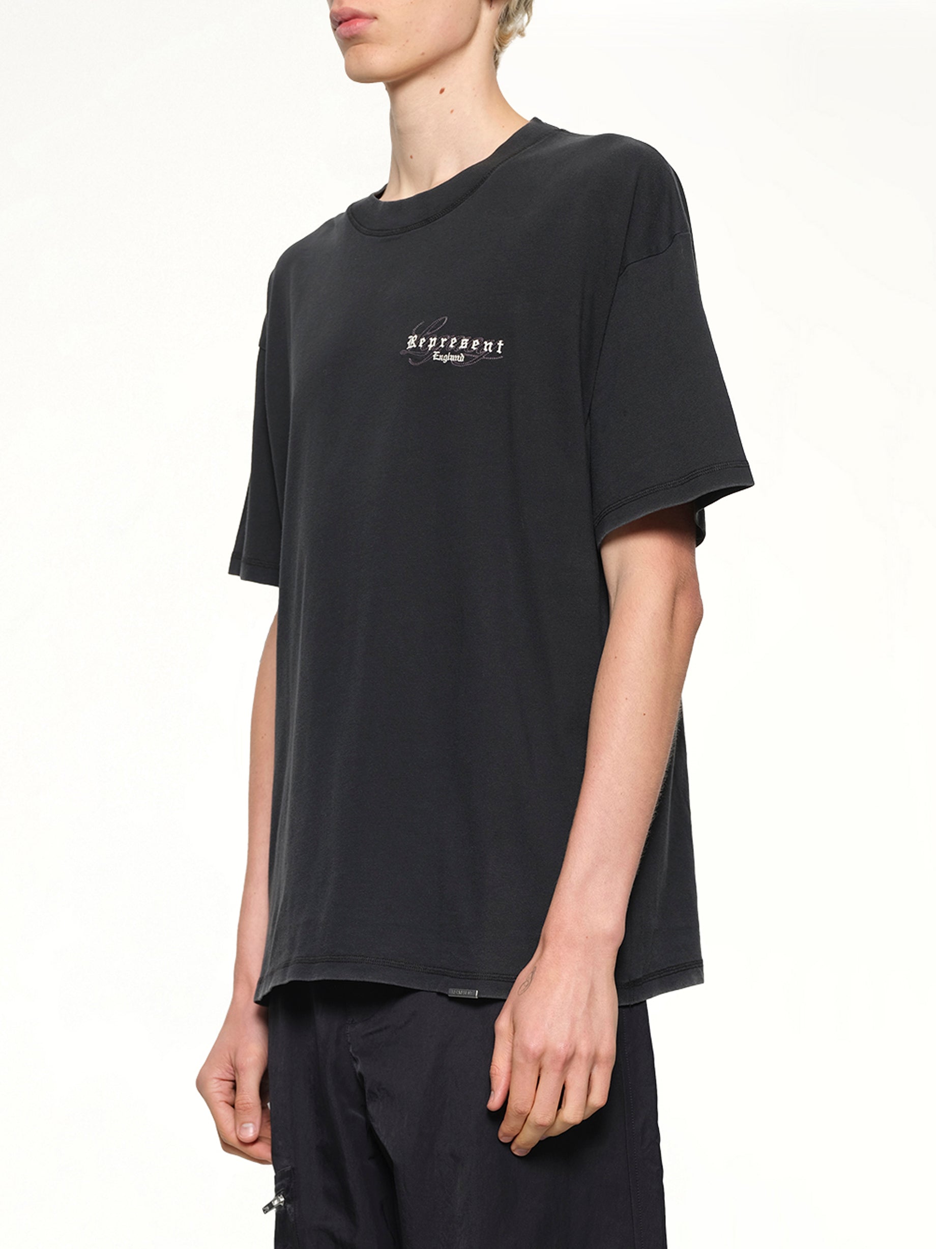 REPRESENT , Represent Legacy Overprint T-Shirt in Vintage Black Side View from MARAIS