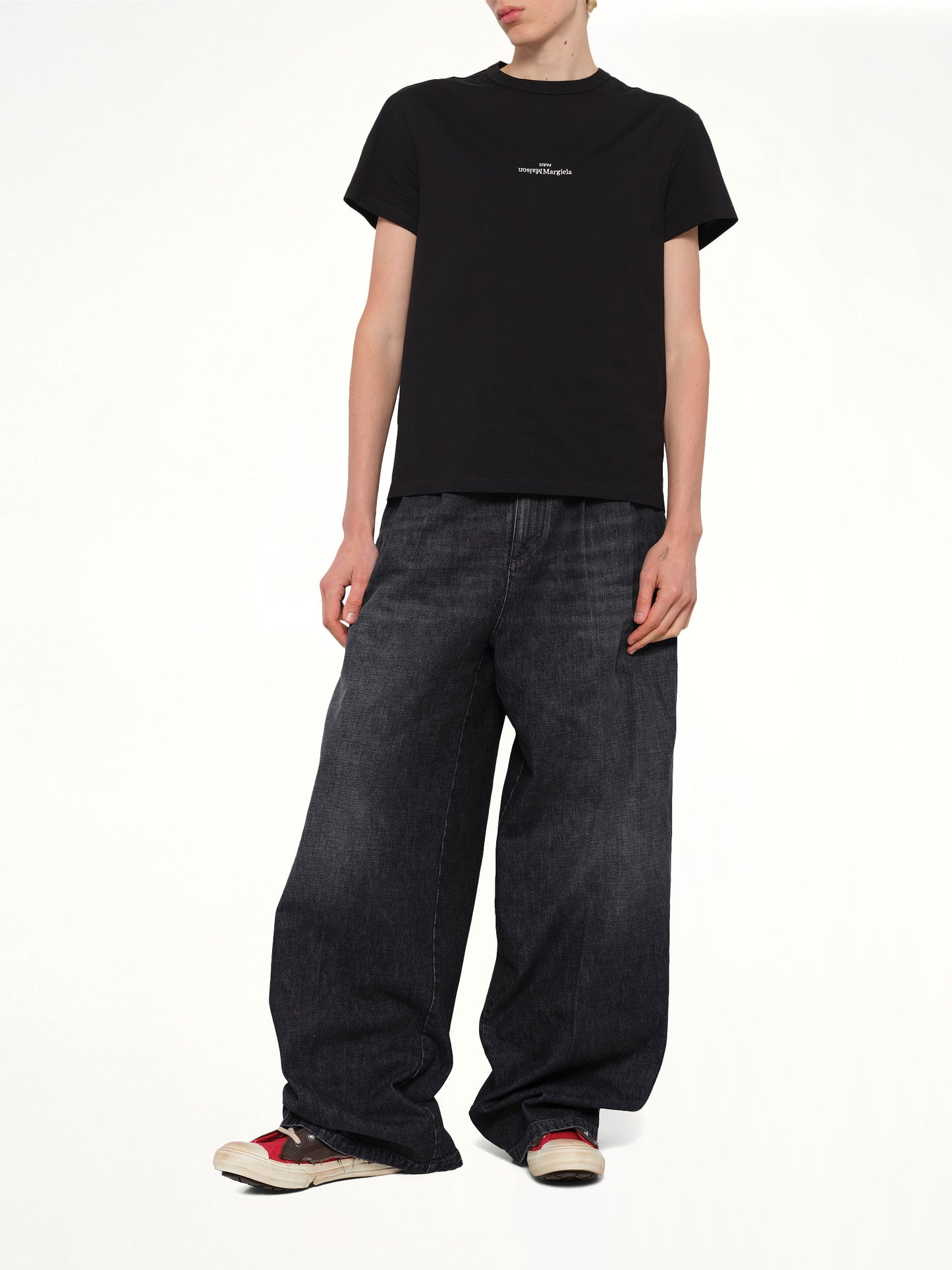 Wide Denim Pants in Washed Black