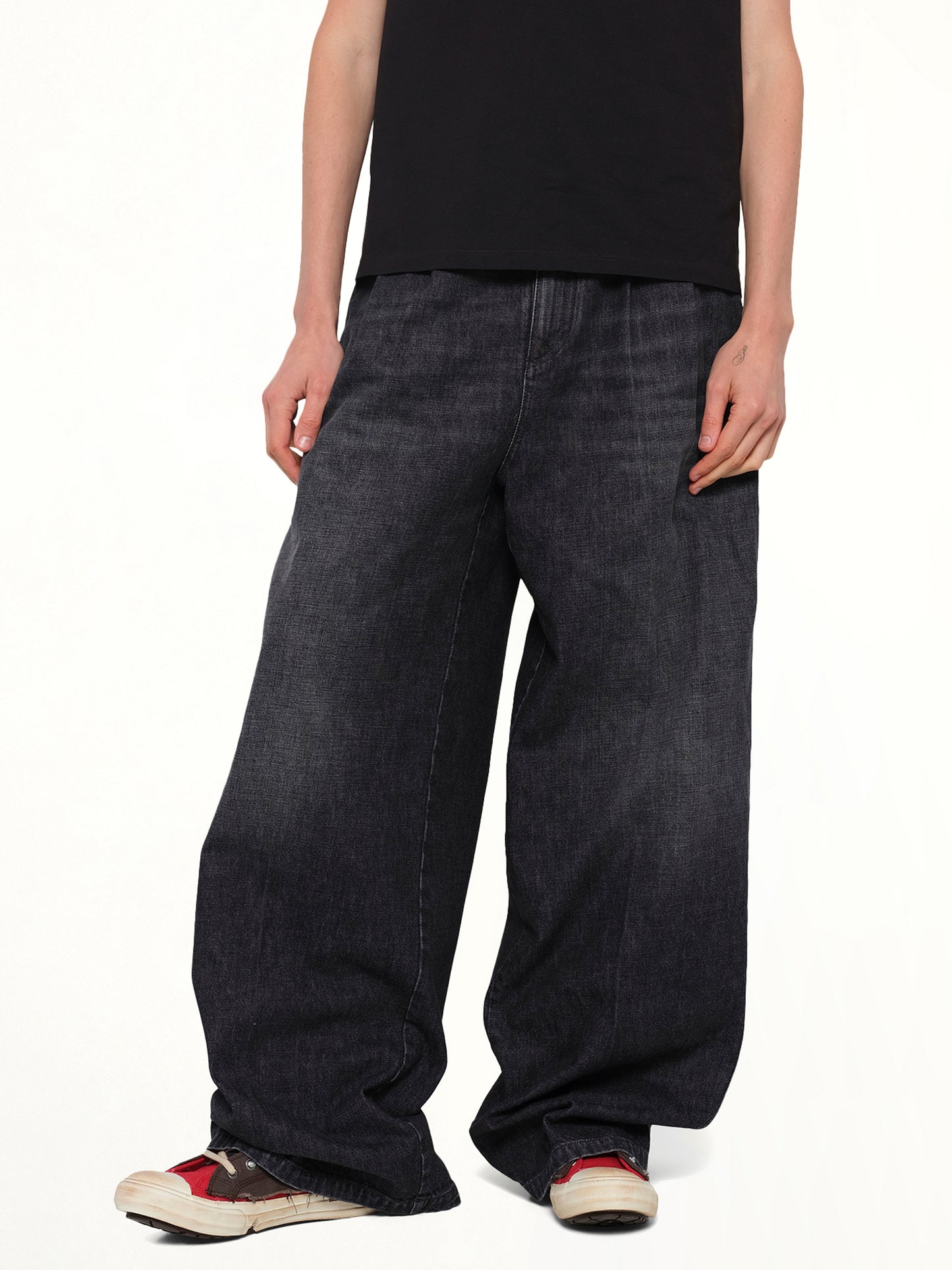 Wide Denim Pants in Washed Black