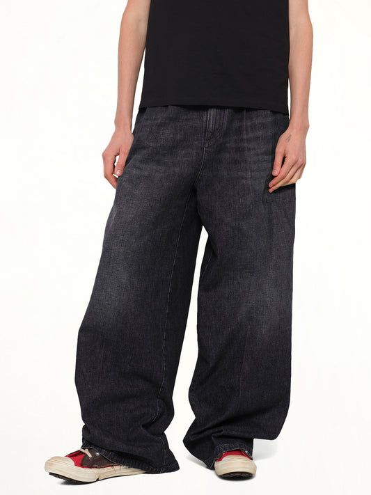 Wide Denim Pants in Washed Black