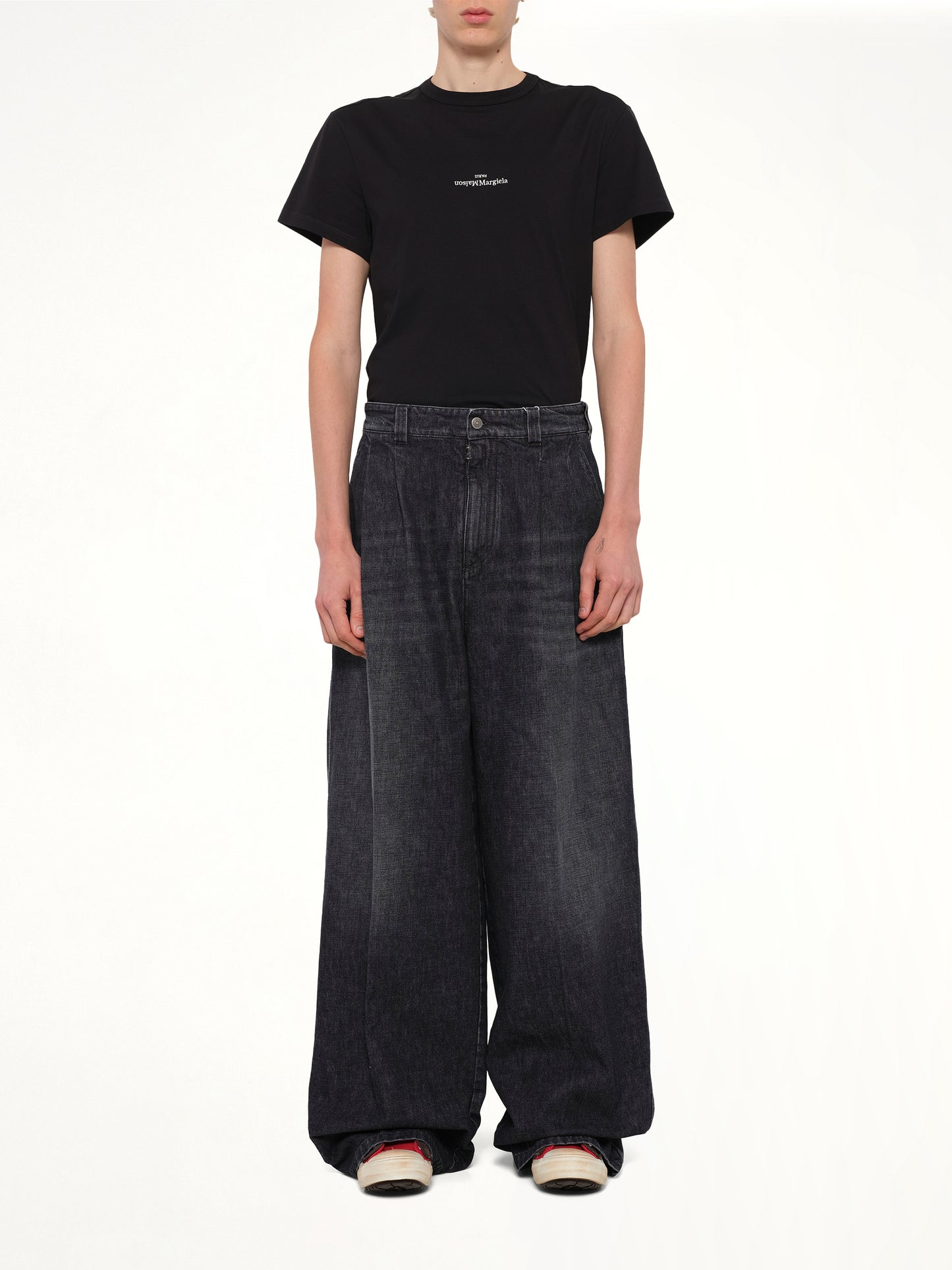 Wide Denim Pants in Washed Black