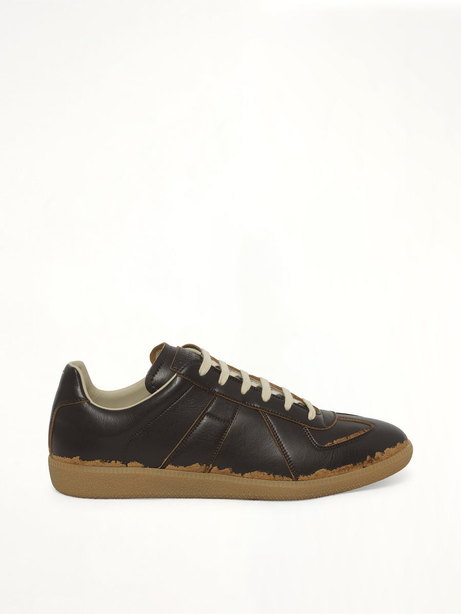 Replica Leather Sneaker in Dark Brown/Camel Side View | MAISON MARGIELA