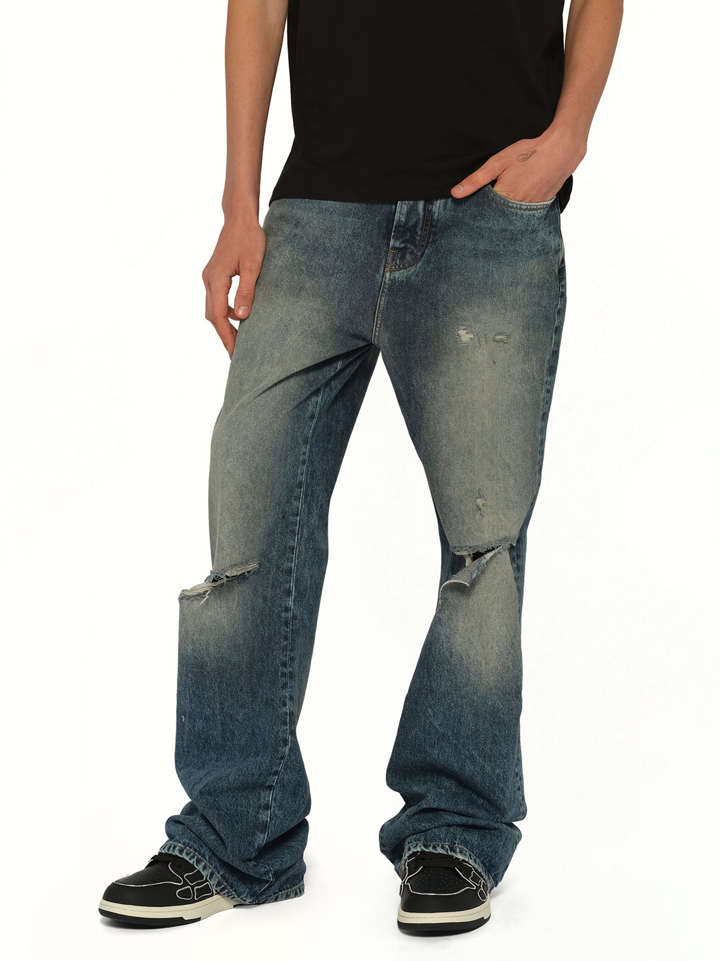 Slashed Boot Cut Jean in Denim Lapis