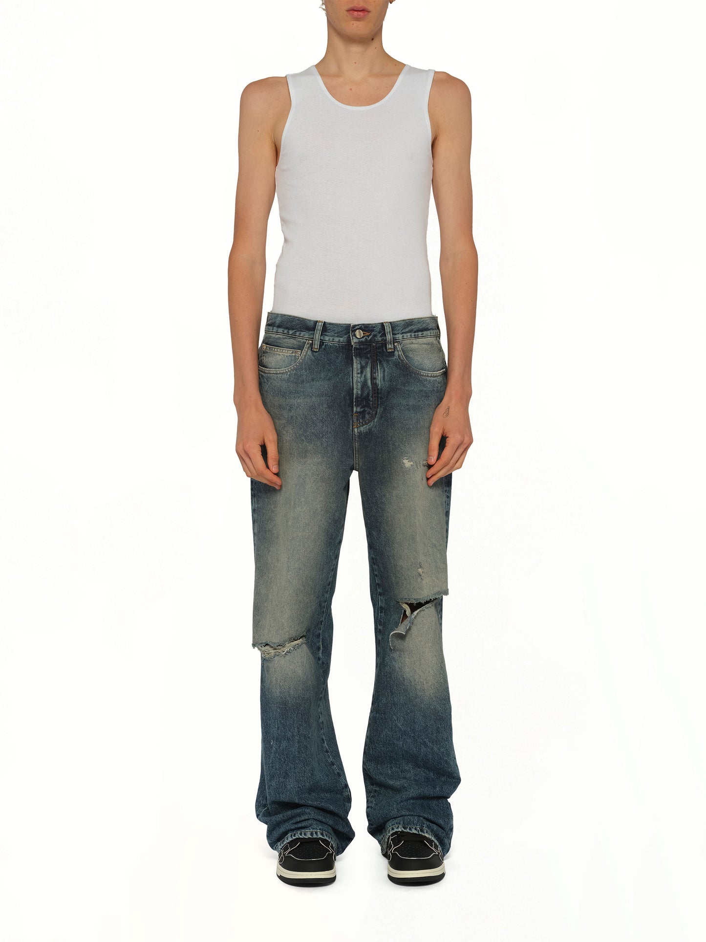 Slashed Boot Cut Jean in Denim Lapis