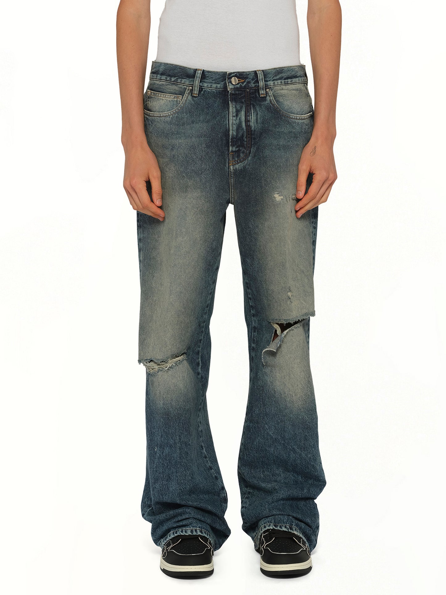Slashed Boot Cut Jean in Denim Lapis