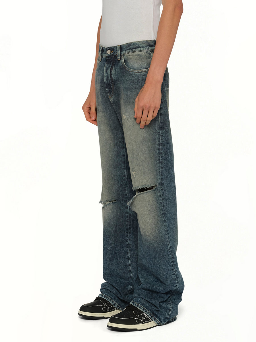 Slashed Bootcut Jean in Denim Lapis