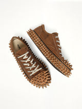 Dirty Spike Toe  Cap Canvas Sneaker in Brown Top View | DOUBLET