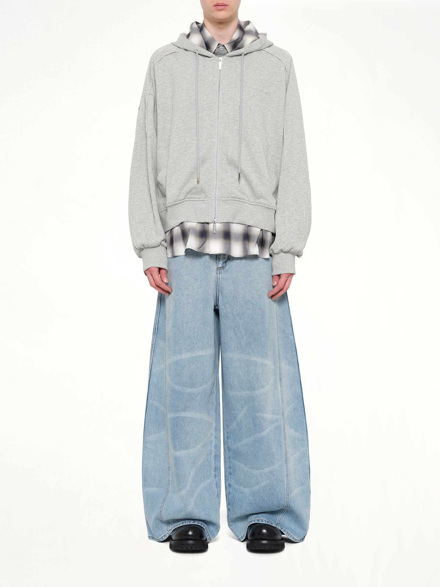 2 in 1 Zip Hoodie with Check in Grey