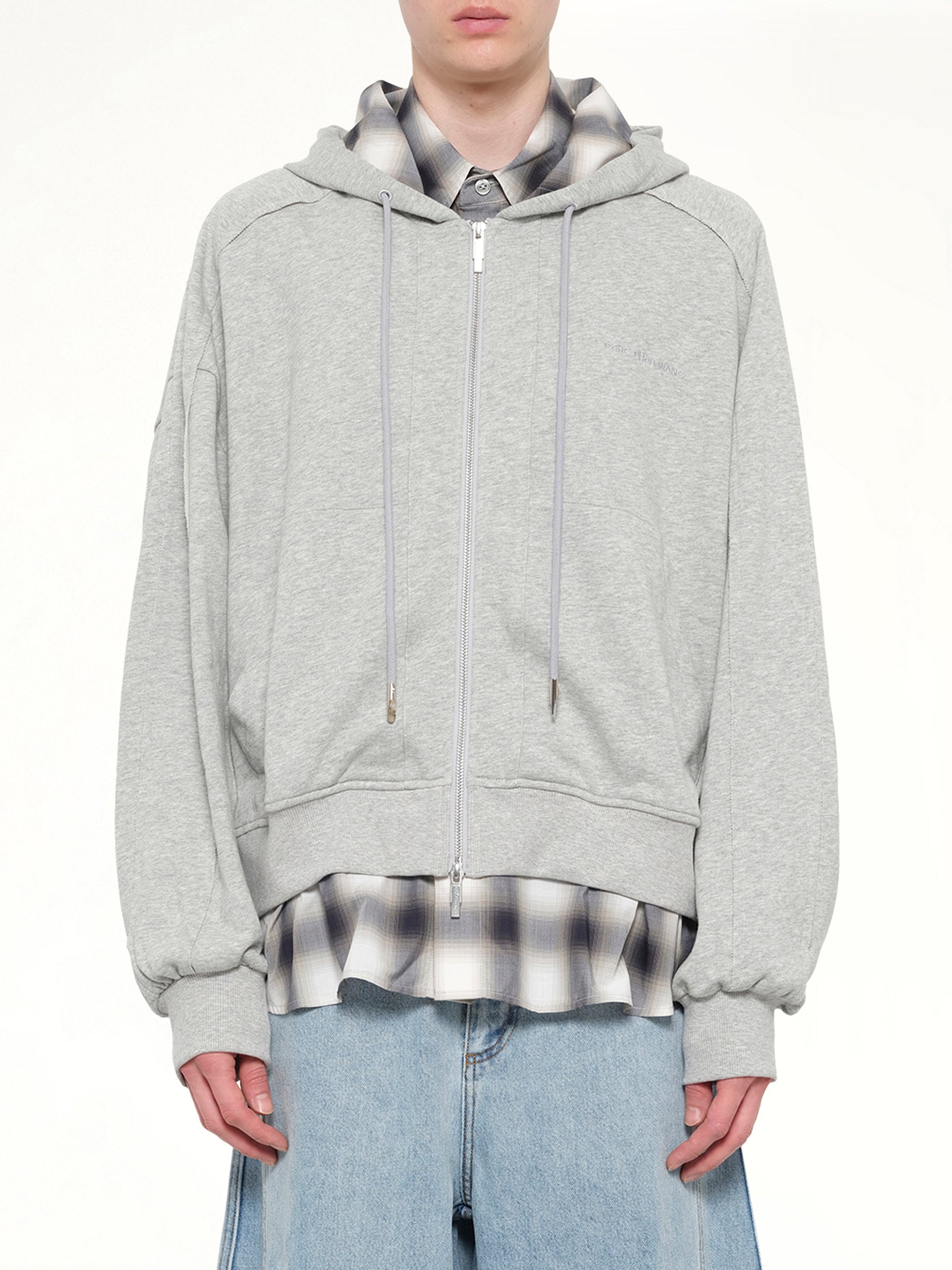 2 in 1 Zip Hoodie with Check in Grey