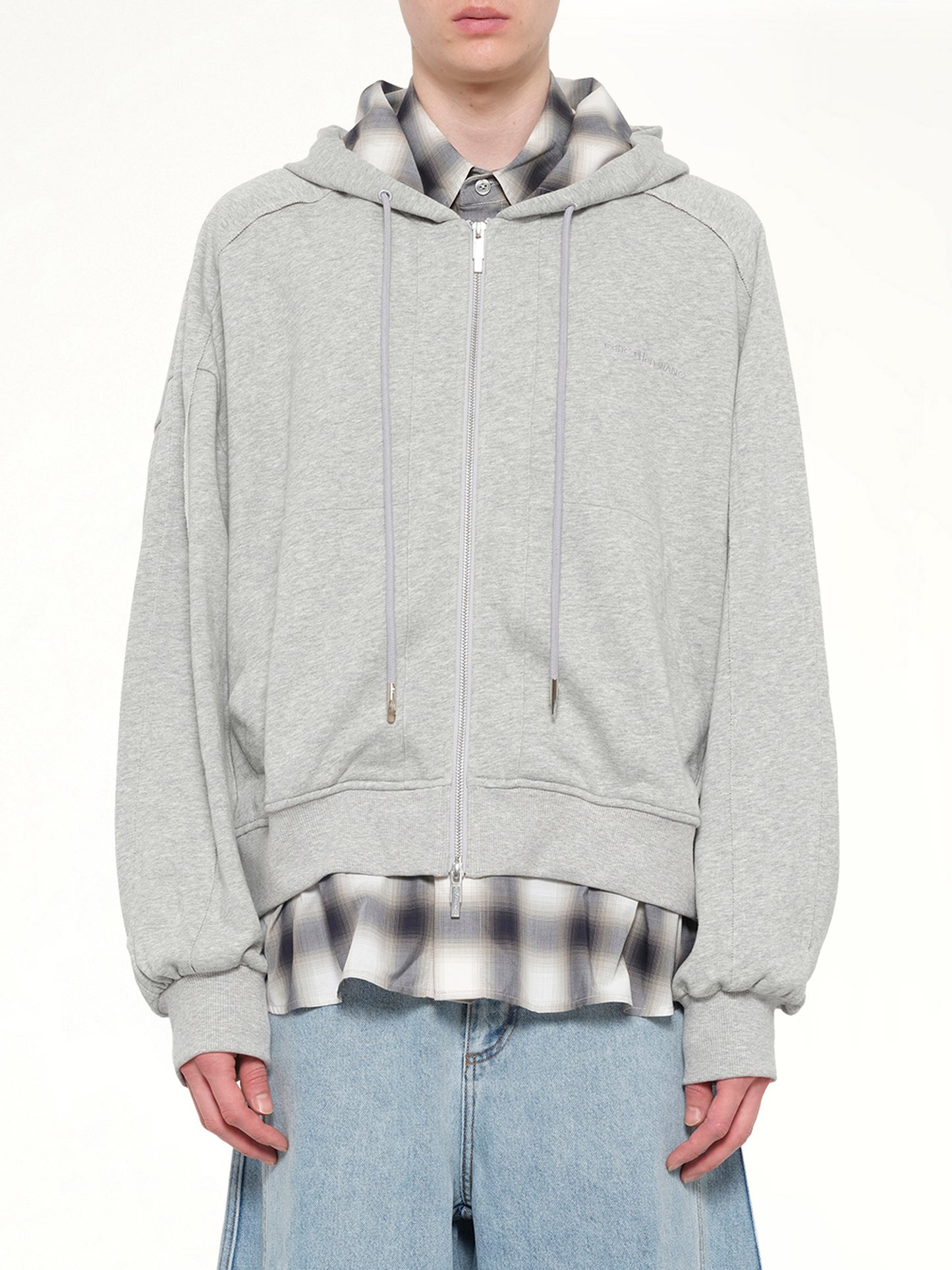 2 in 1 Zip Hoodie with Check in Grey