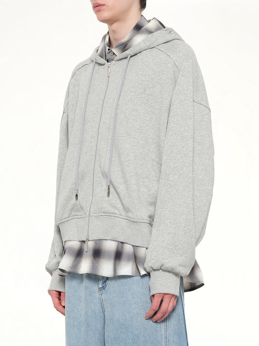 2 in 1 Zip Hoodie with Check in Grey