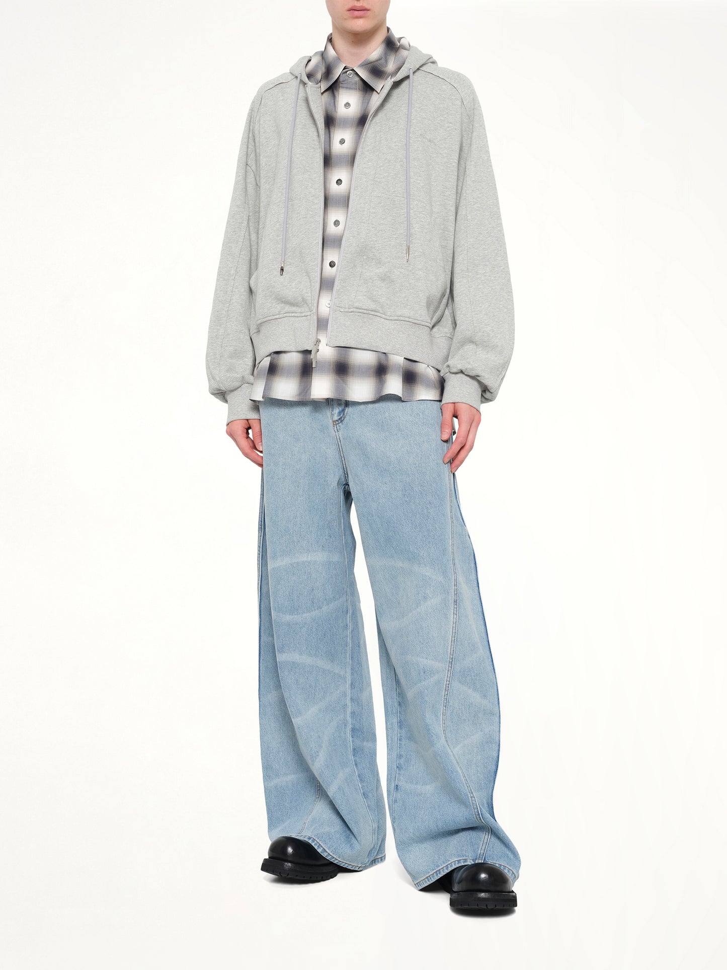 2 in 1 Zip Hoodie with Check in Grey