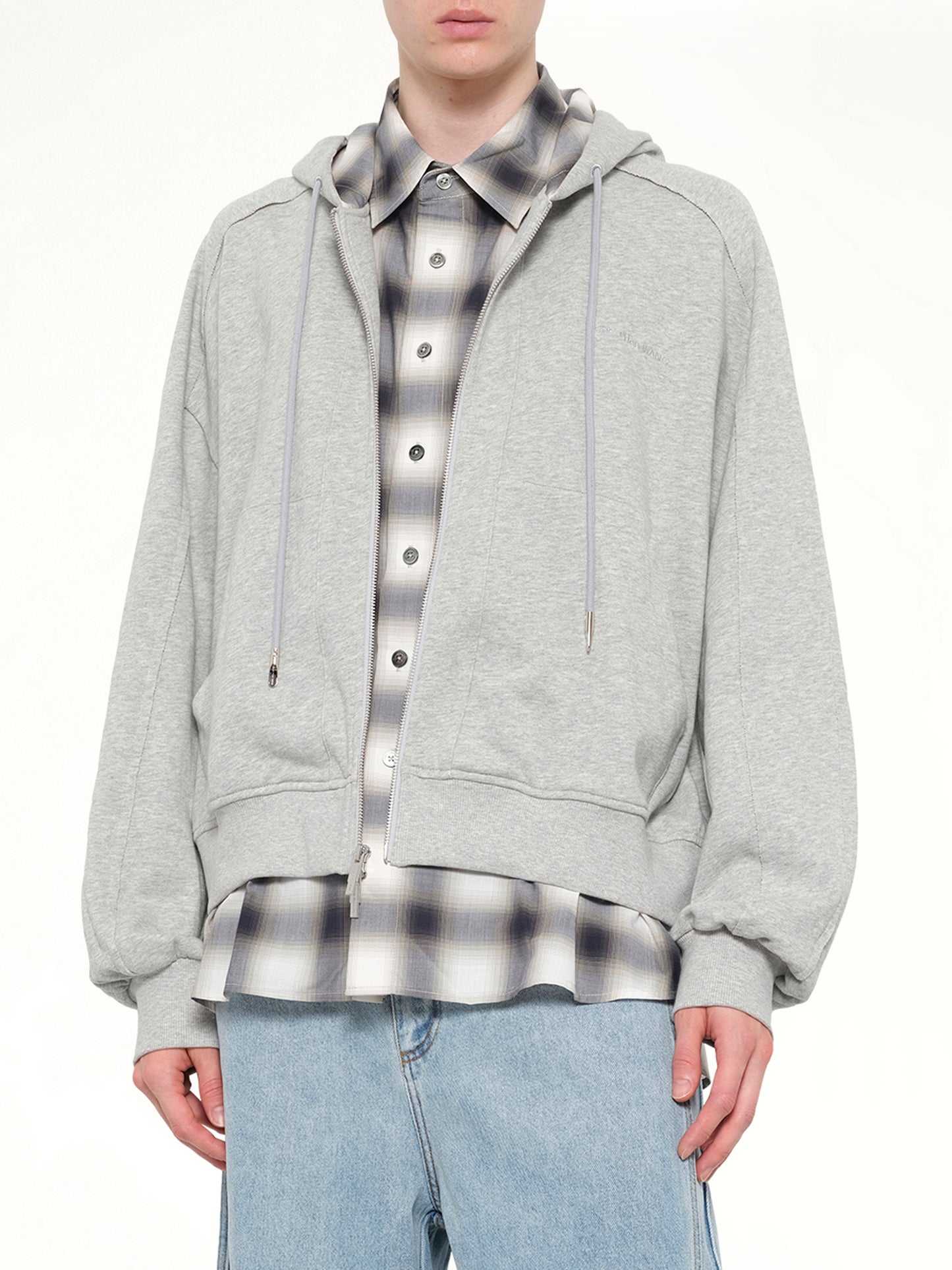 2 in 1 Zip Hoodie with Check in Grey