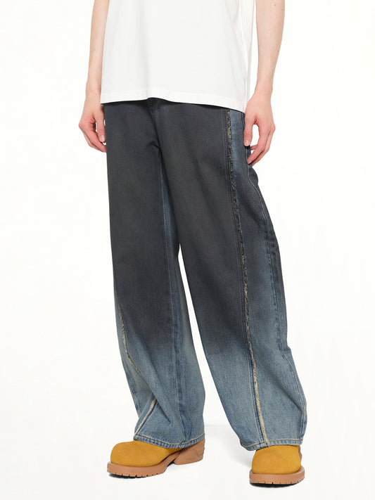 Double Waist Gradient Denim Trousers in Blue/Black