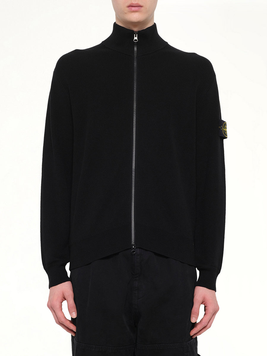 5100126 Ribbed Cotton Zip-Up Cardigan in Black