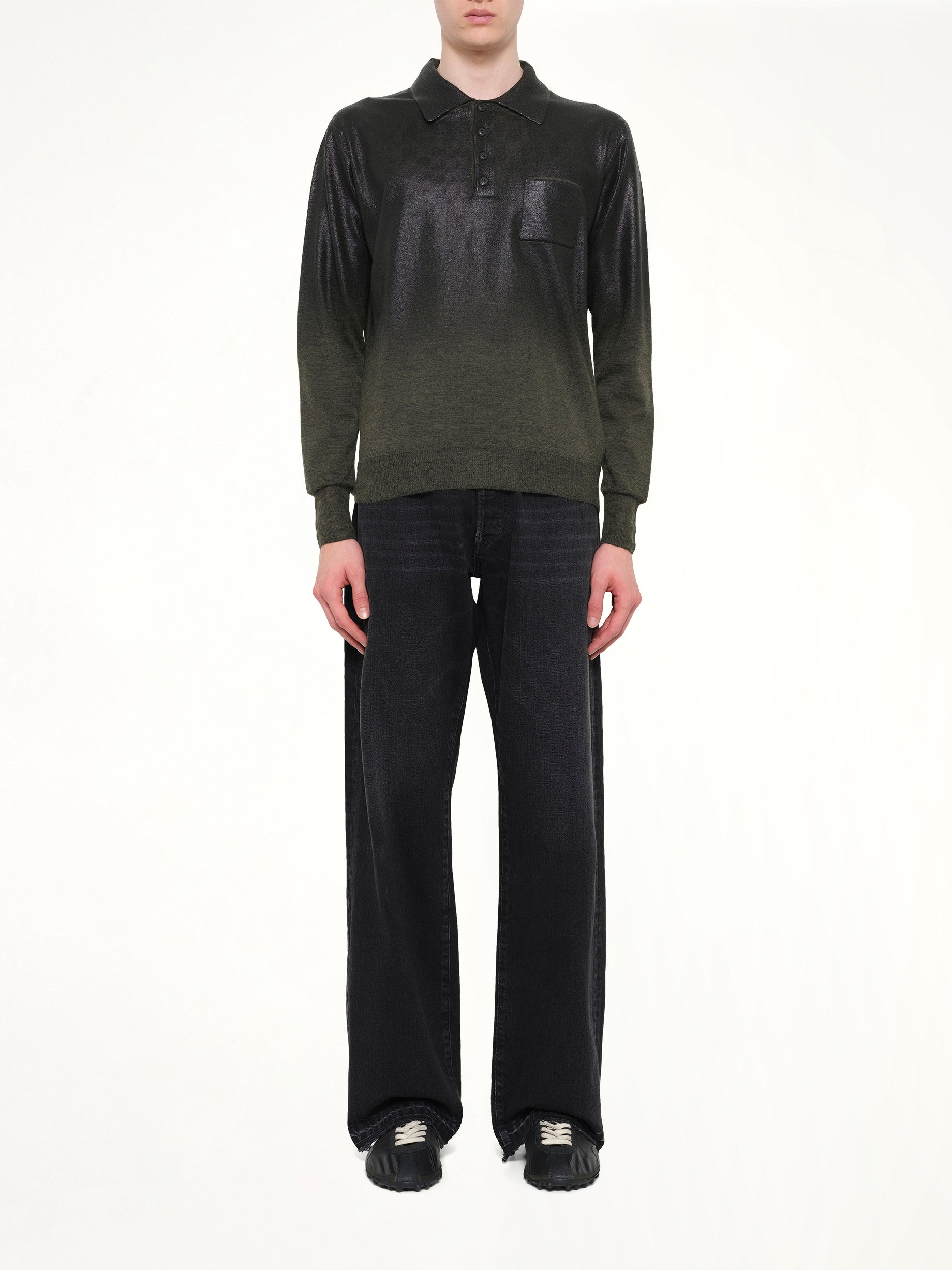 MAISON MARGIELA , Coated Knit Polo in Green/Black Model View from MARAIS