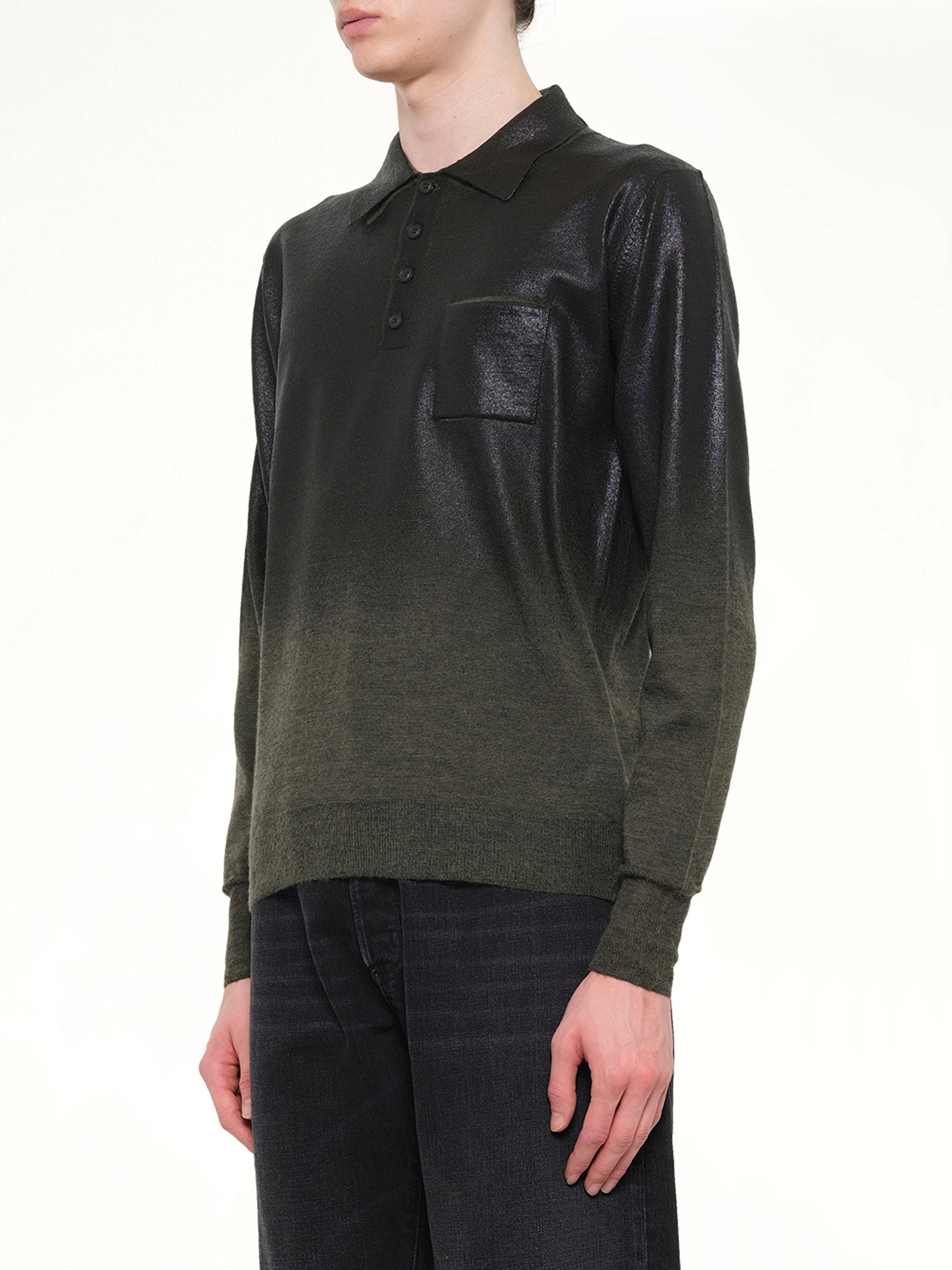 MAISON MARGIELA , Coated Knit Polo in Green/Black Side View from MARAIS