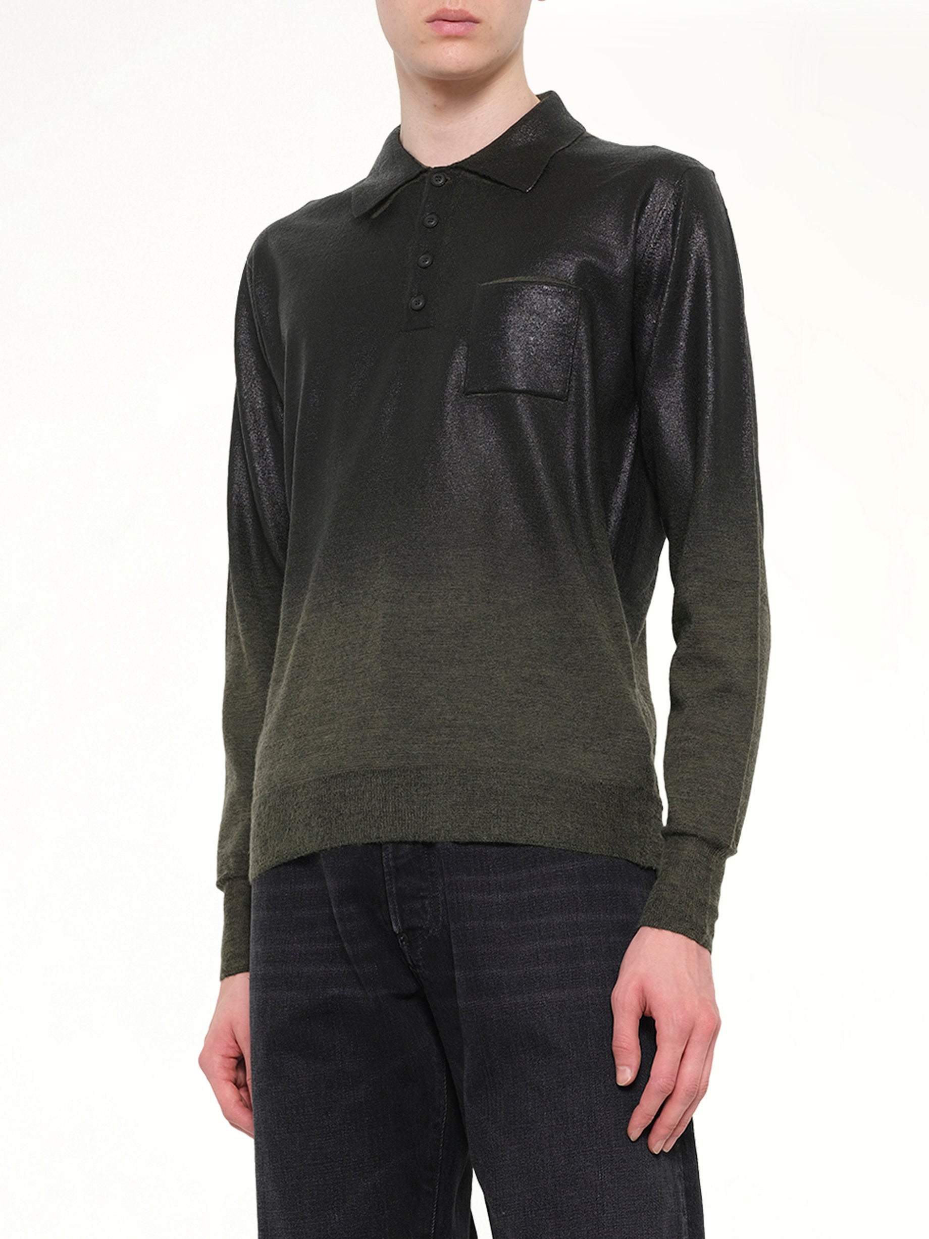 MAISON MARGIELA , Coated Knit Polo in Green/Black Detail Shot from MARAIS