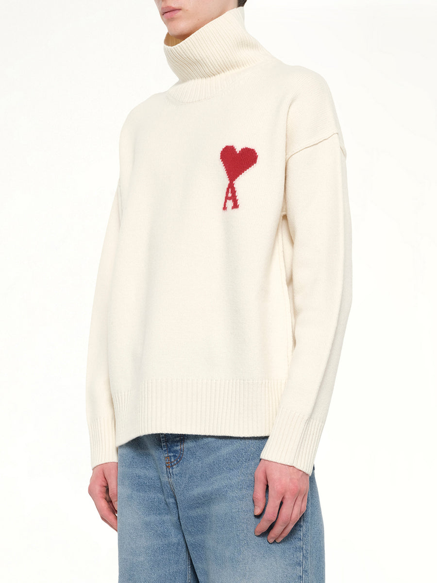 Contrasted Ami De Coeur Funnel Neck Sweater in Off White