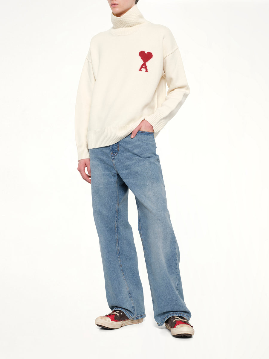 Contrasted Ami De Coeur Funnel Neck Sweater in Off White