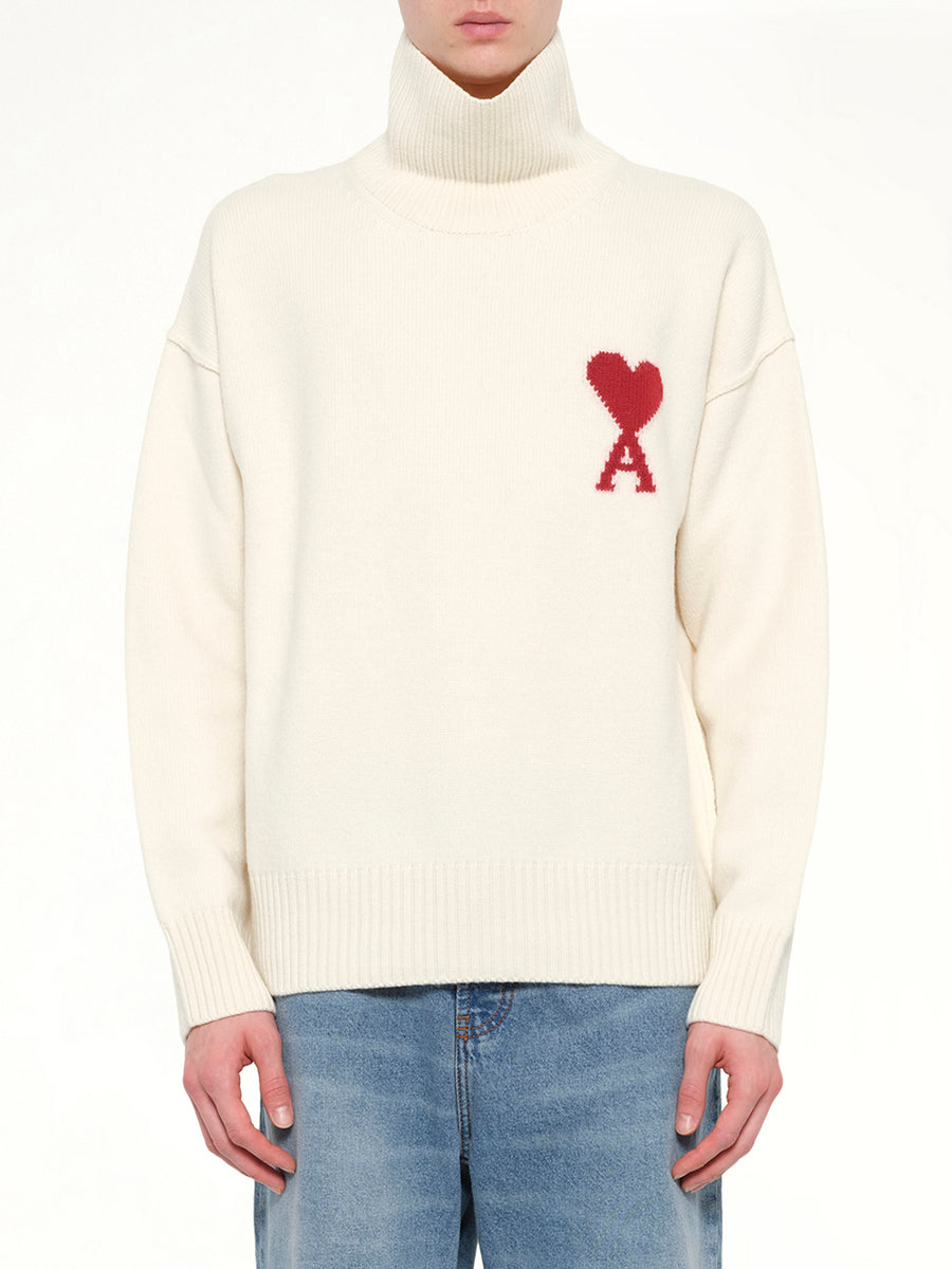 Contrasted Ami De Coeur Funnel Neck Sweater in Off White