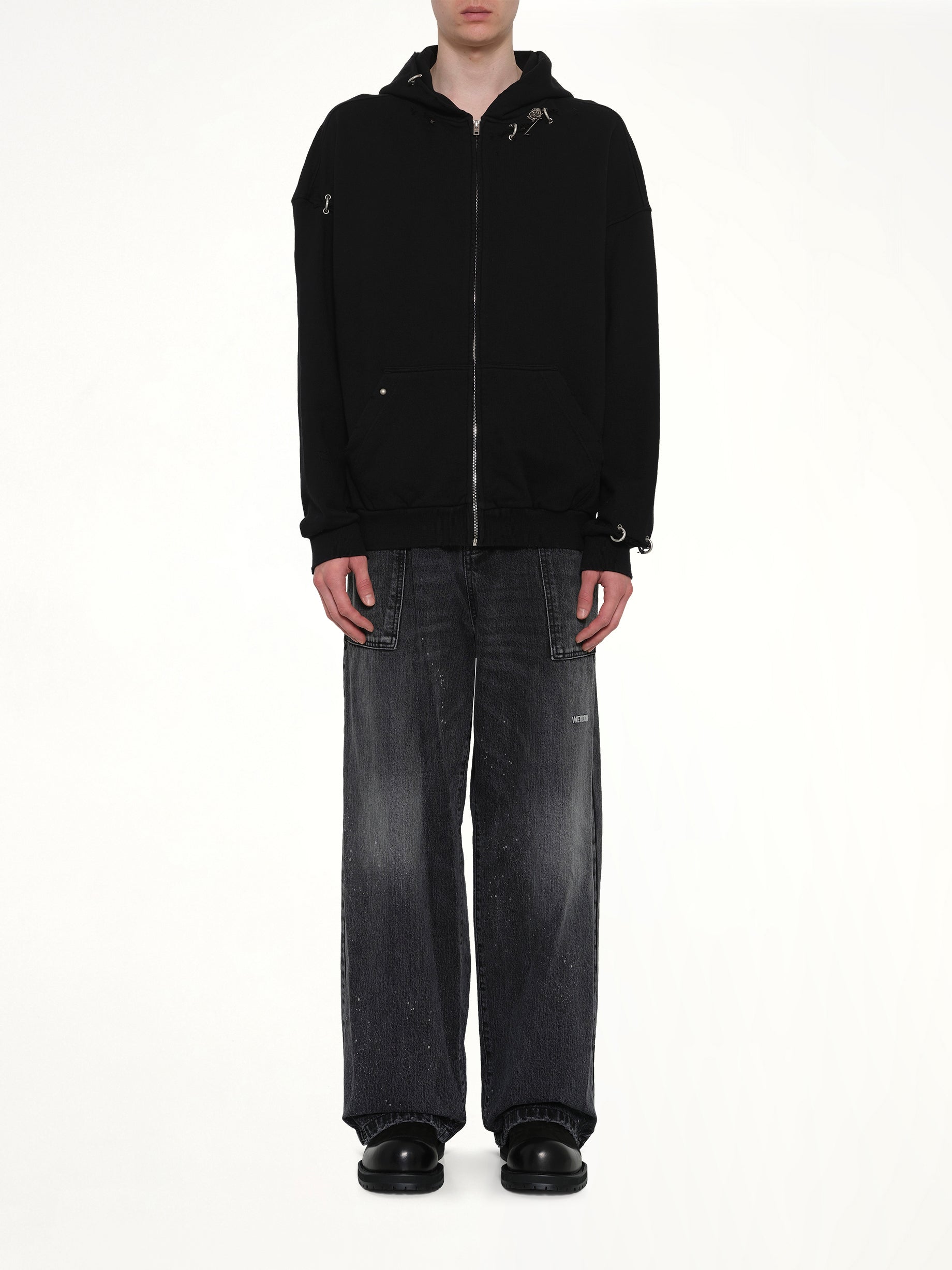 Piercing Detail Zip-Up Hoodie in Black