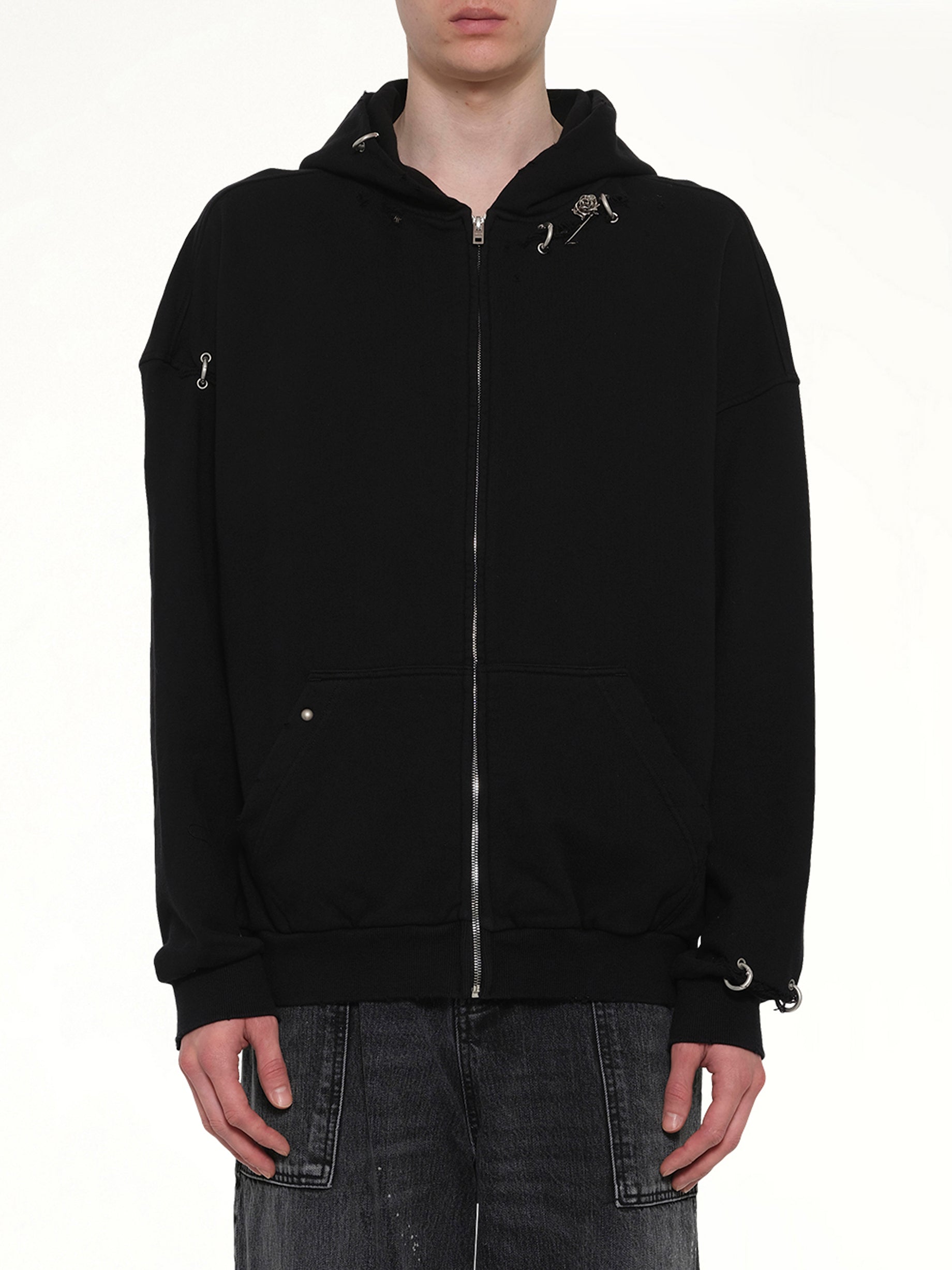 Piercing Detail Zip-Up Hoodie in Black