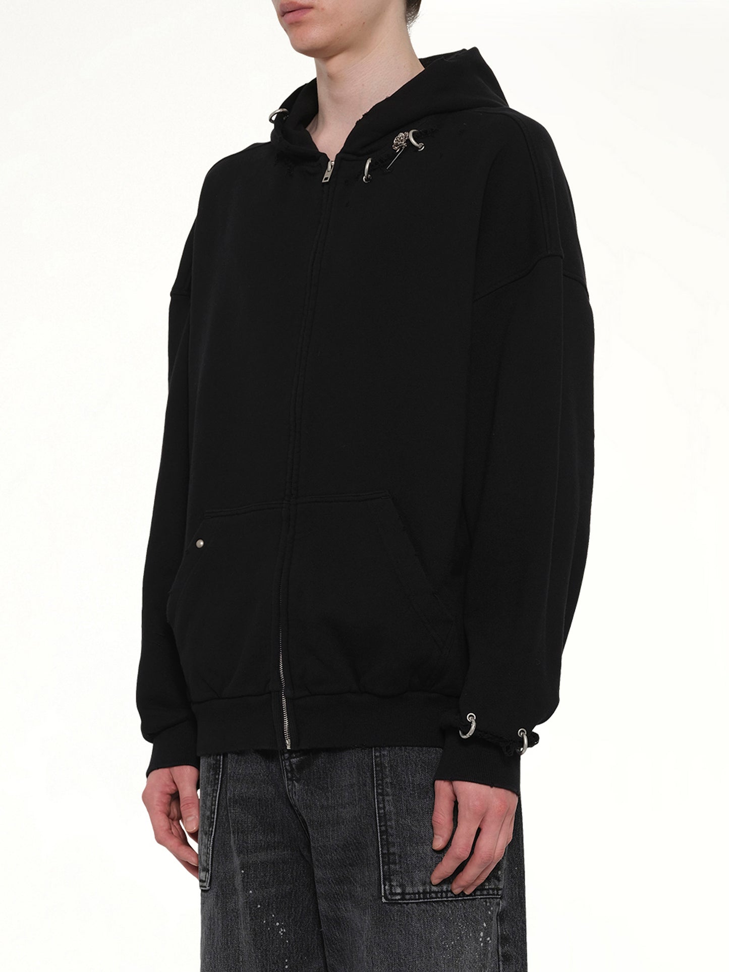 Piercing Detail Zip-Up Hoodie in Black