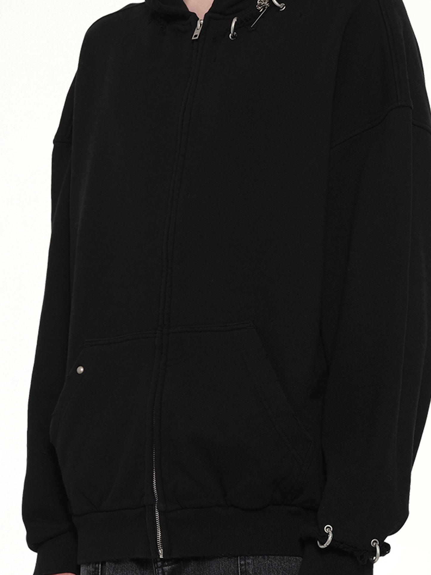 Piercing Detail Zip-Up Hoodie in Black