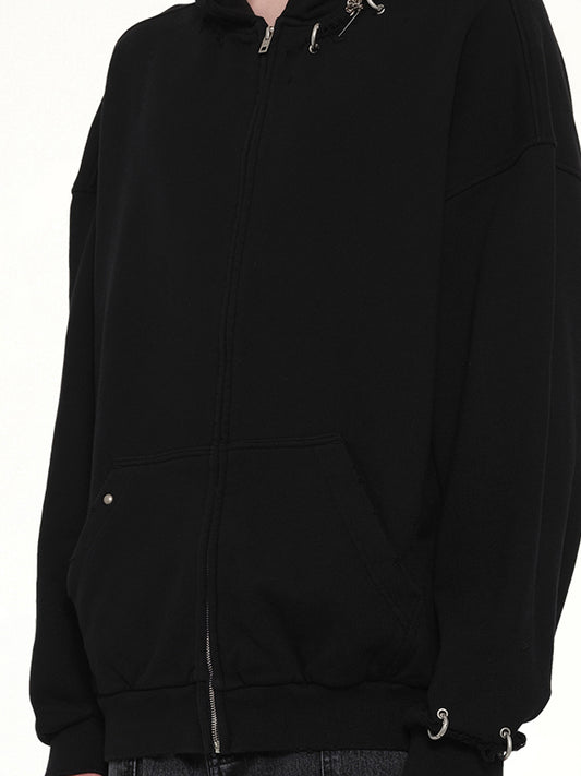 Piercing Detail Zip-Up Hoodie in Black