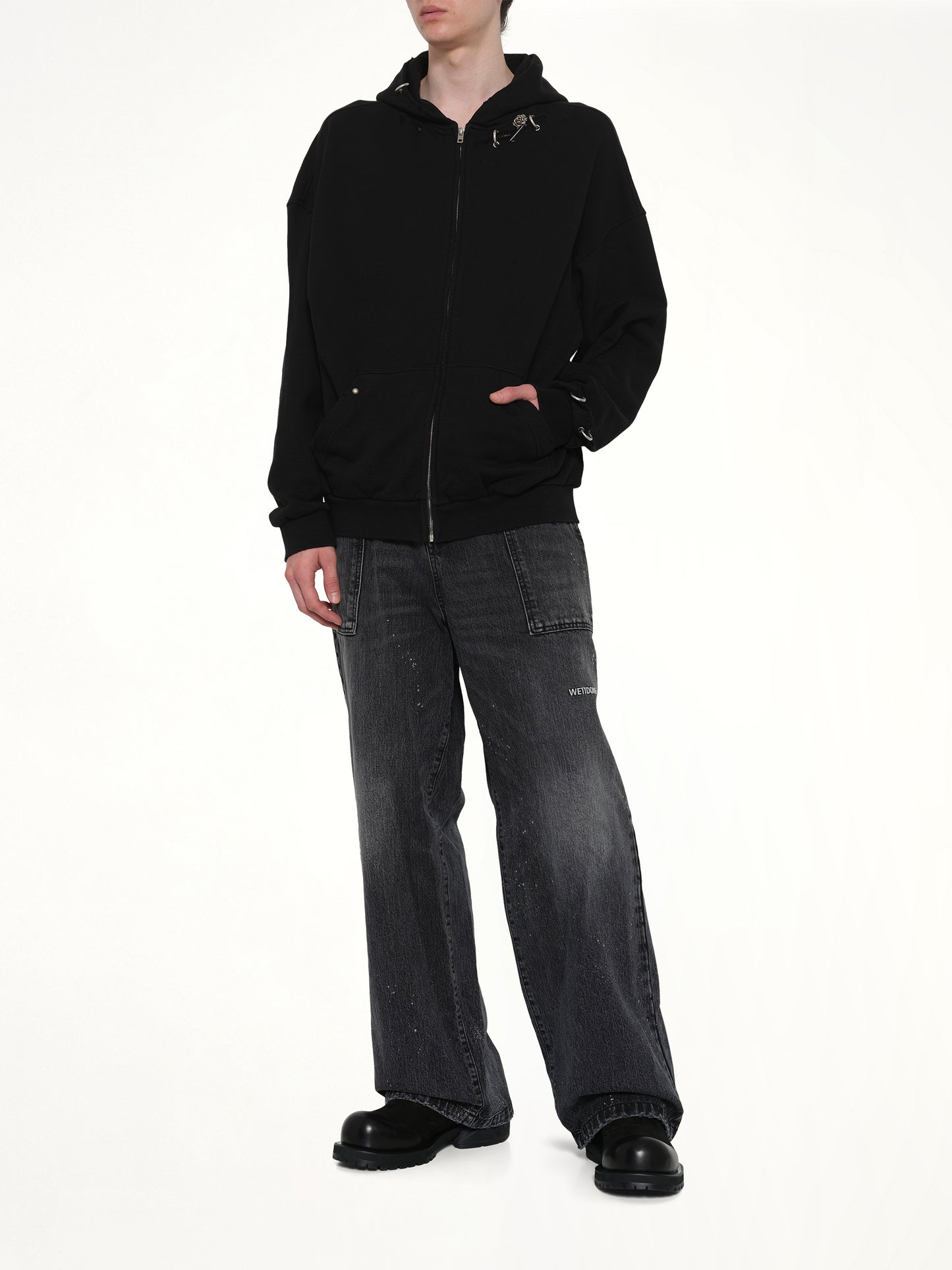 Piercing Detail Zip-Up Hoodie in Black