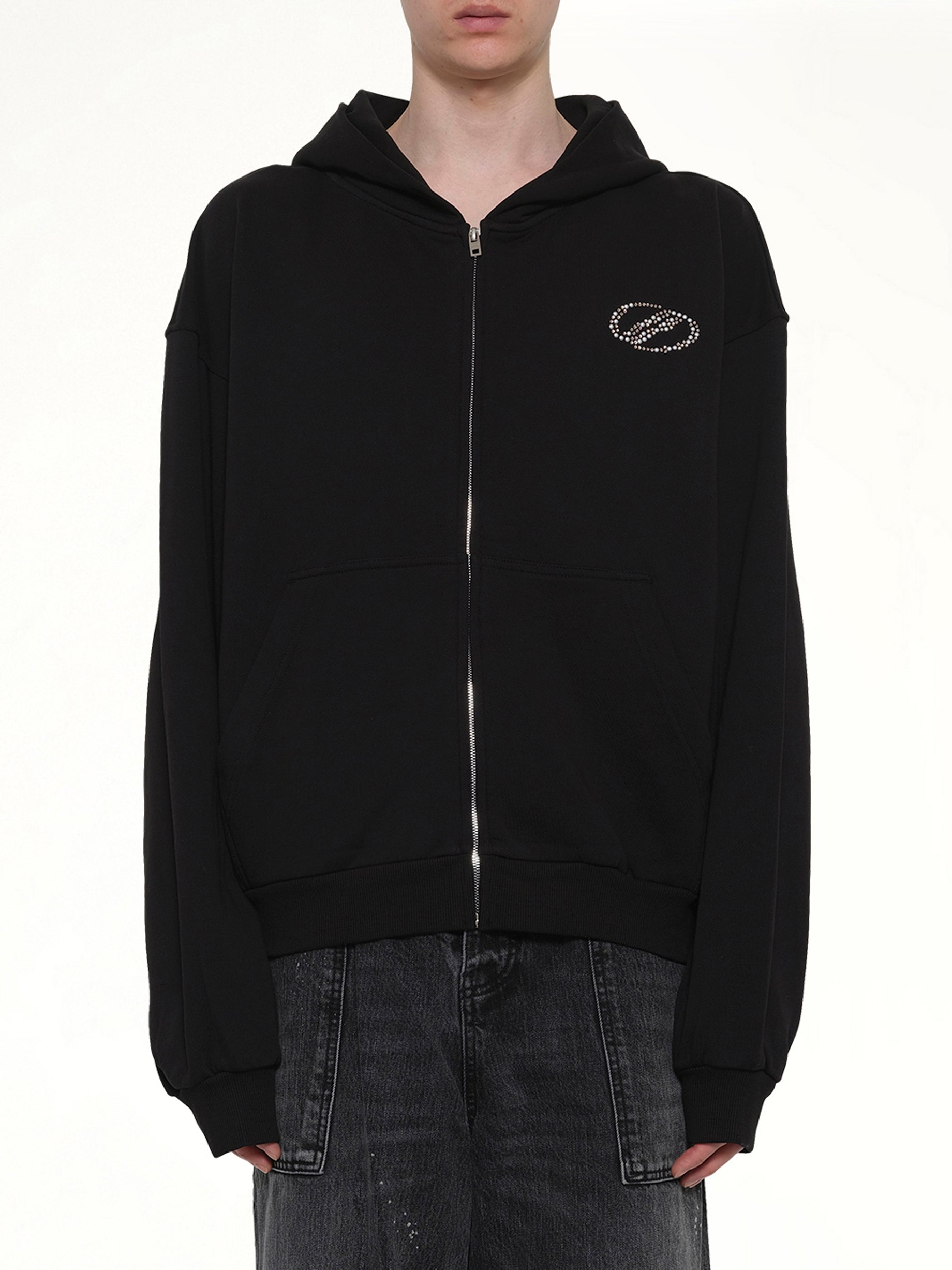 Rhinestone Zip-Up Balloon Hoodie in Black