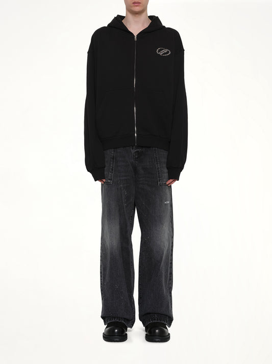 Rhinestone Zip-Up Balloon Hoodie in Black