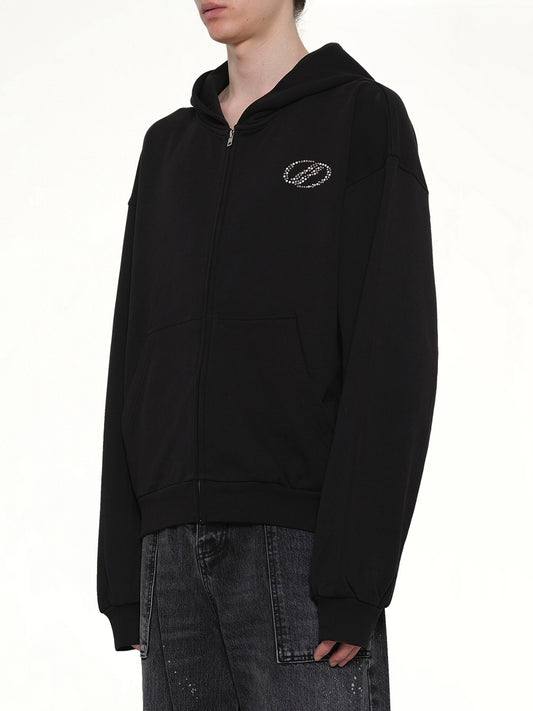 Rhinestone Zip-Up Balloon Hoodie in Black