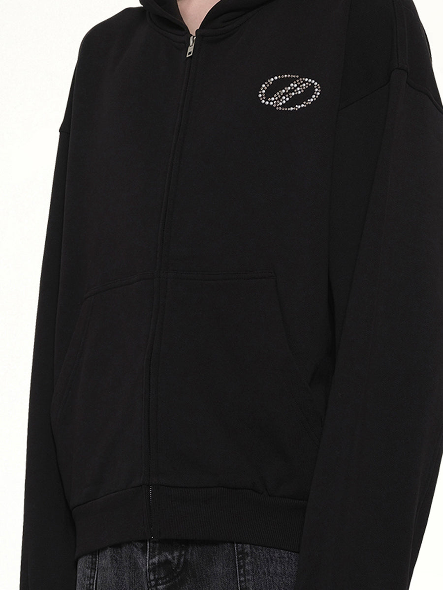 Rhinestone Zip-Up Balloon Hoodie in Black