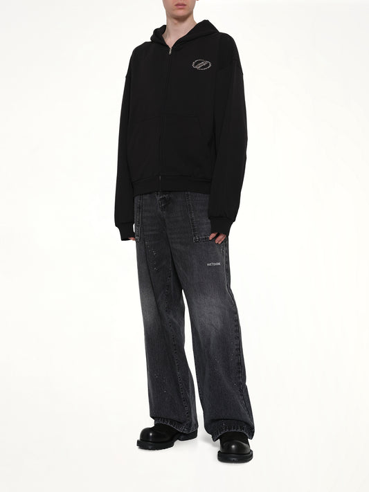 Rhinestone Zip-Up Balloon Hoodie in Black