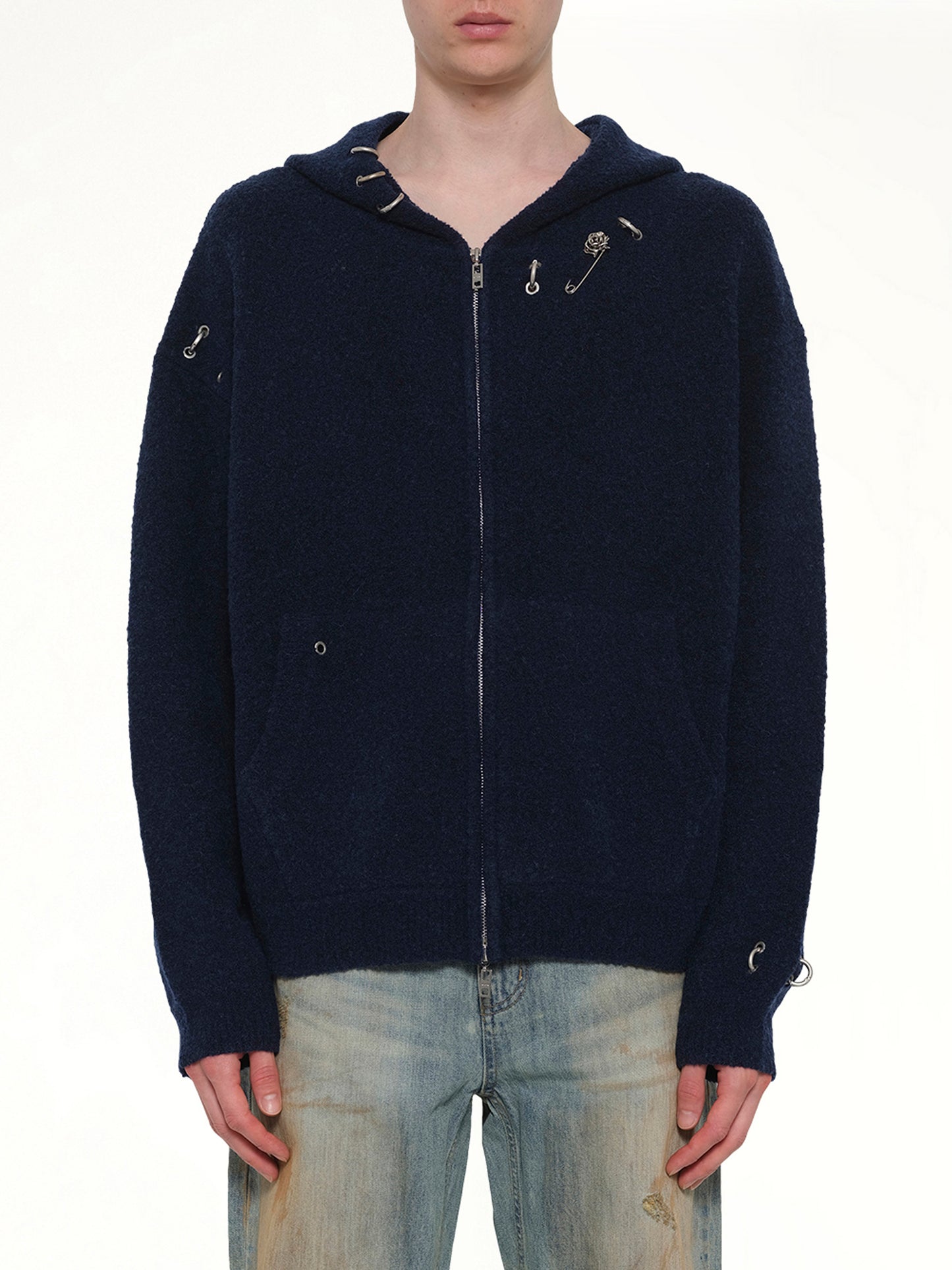 Rose with Thorns Zip-Up Hoodie in Dark Navy