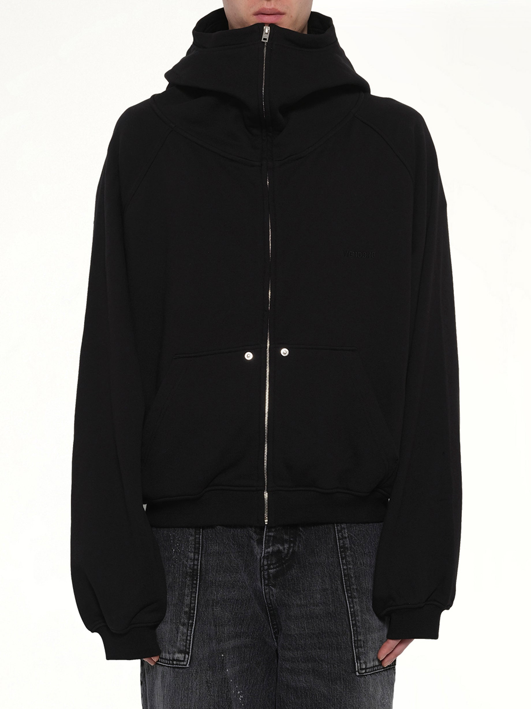 Snap-Detail Jersey Zip-Up Hoodie in Black