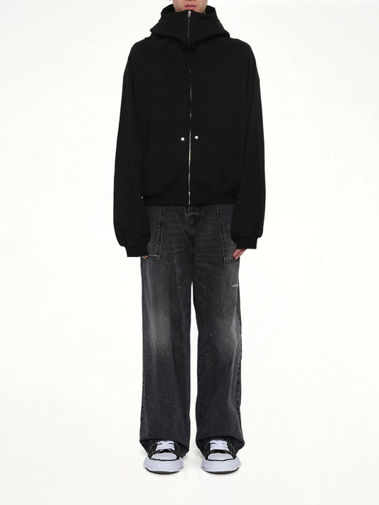 Snap-Detail Jersey Zip-Up Hoodie in Black