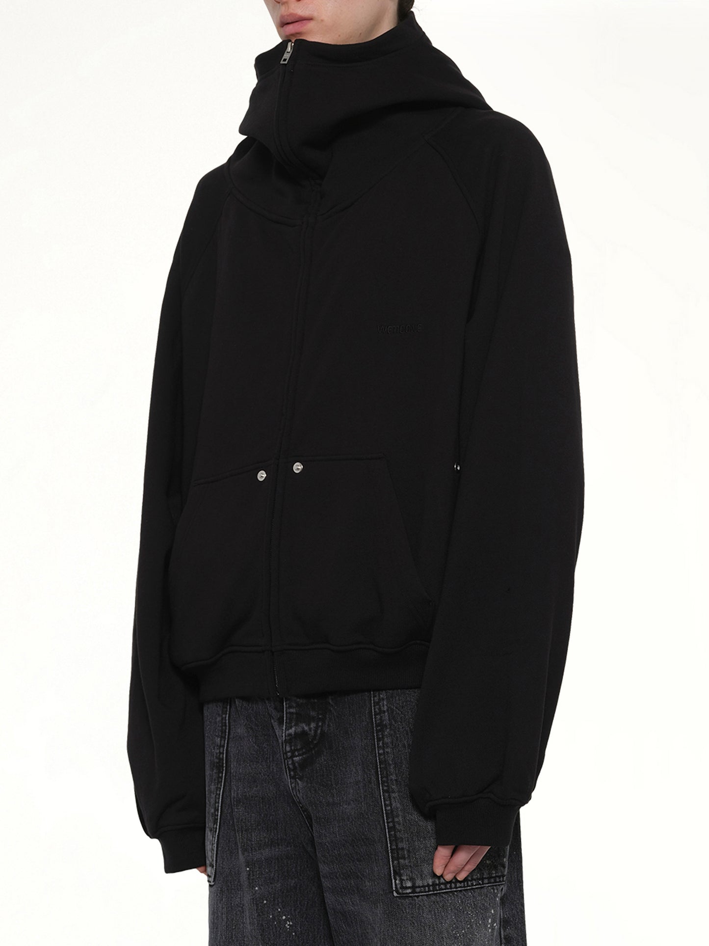 Snap-Detail Jersey Zip-Up Hoodie in Black