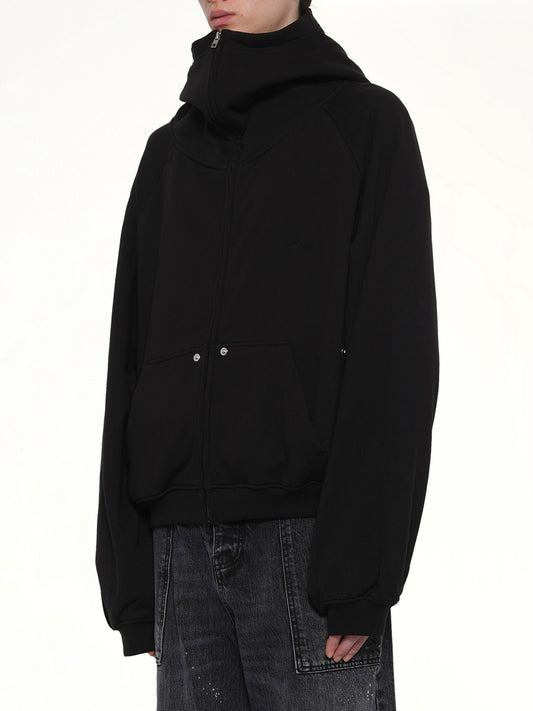 Snap-Detail Jersey Zip-Up Hoodie in Black