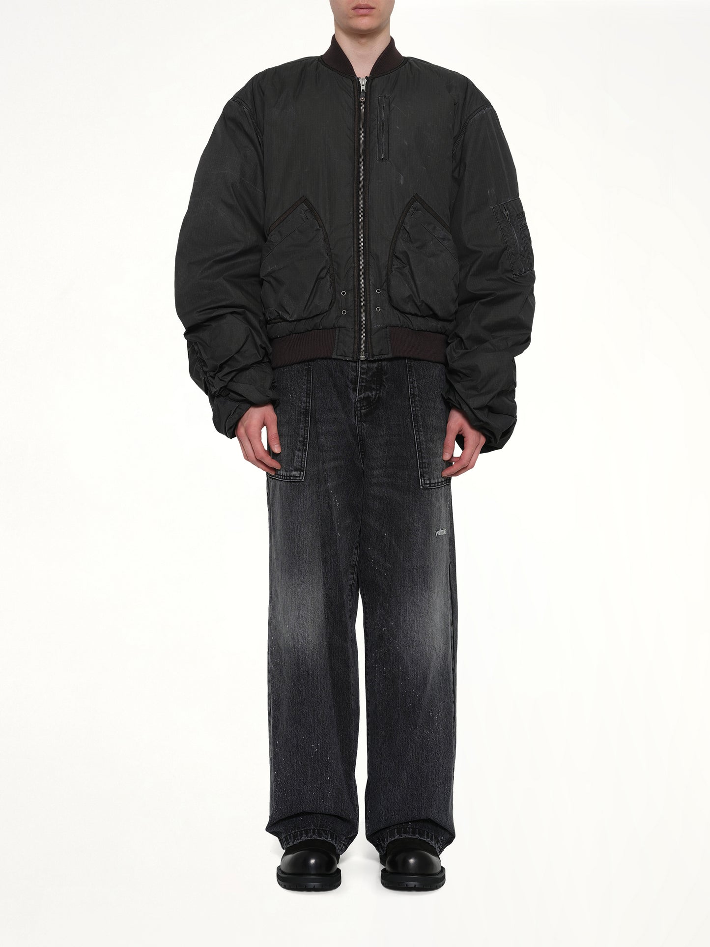 Washed Nylon Bomber in Black