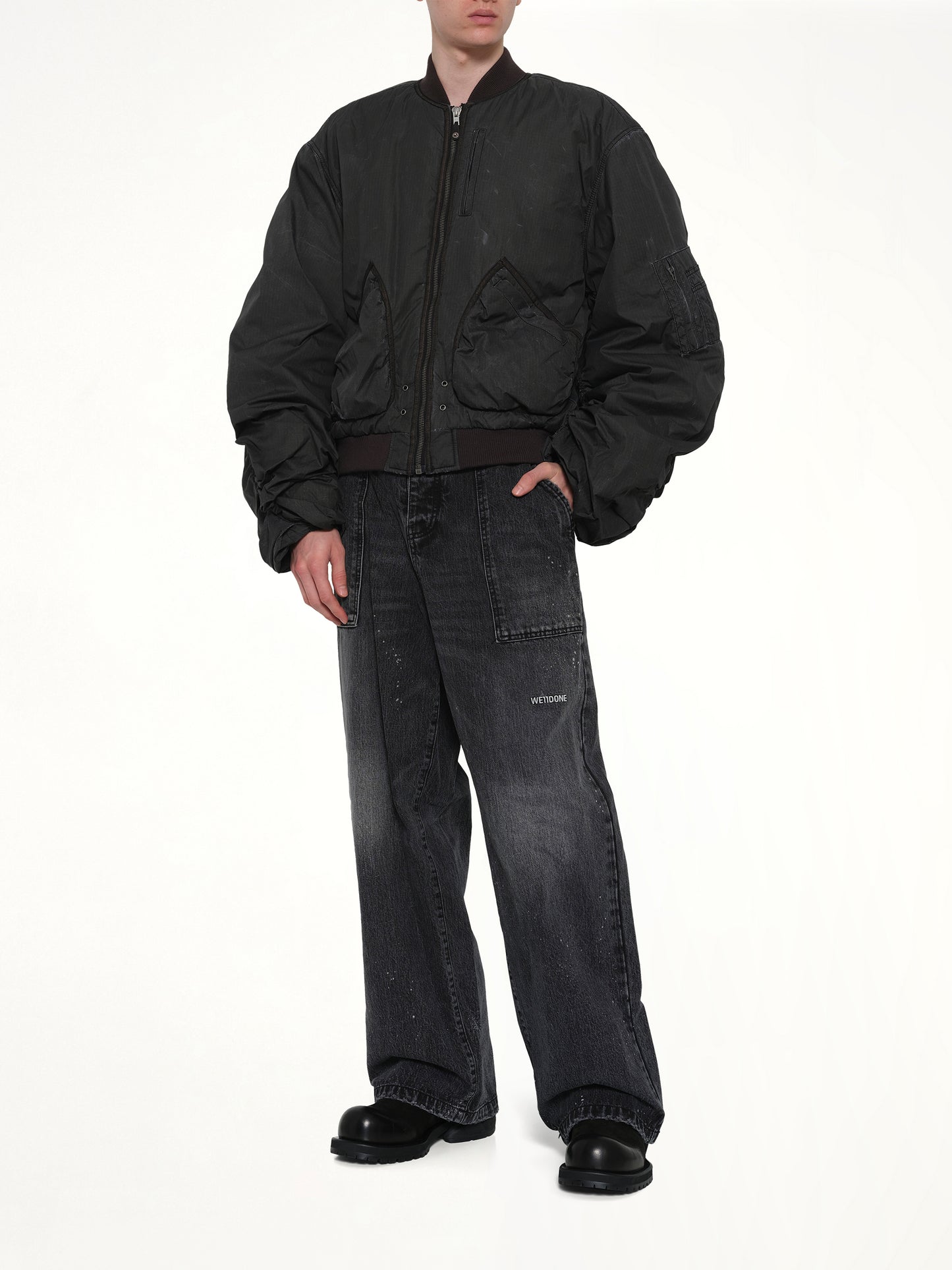 Washed Nylon Bomber in Black