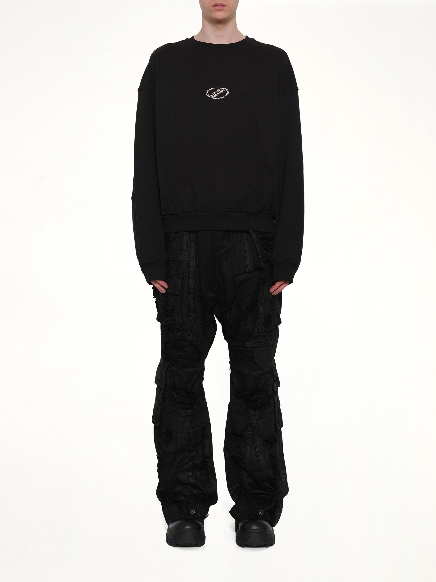 Rhinestone Balloon-Fit Sweatshirt in Black