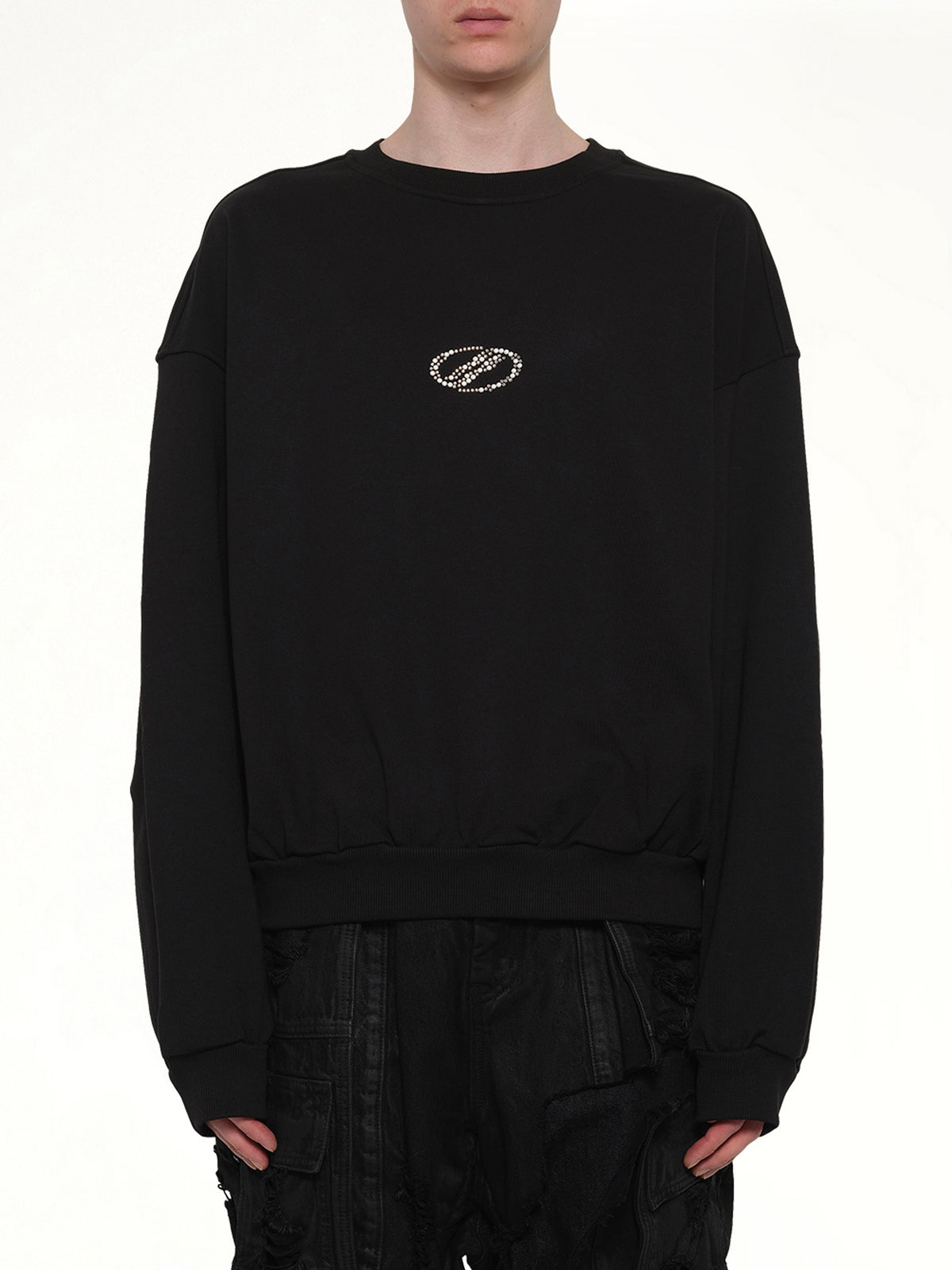 Rhinestone Balloon-Fit Sweatshirt in Black