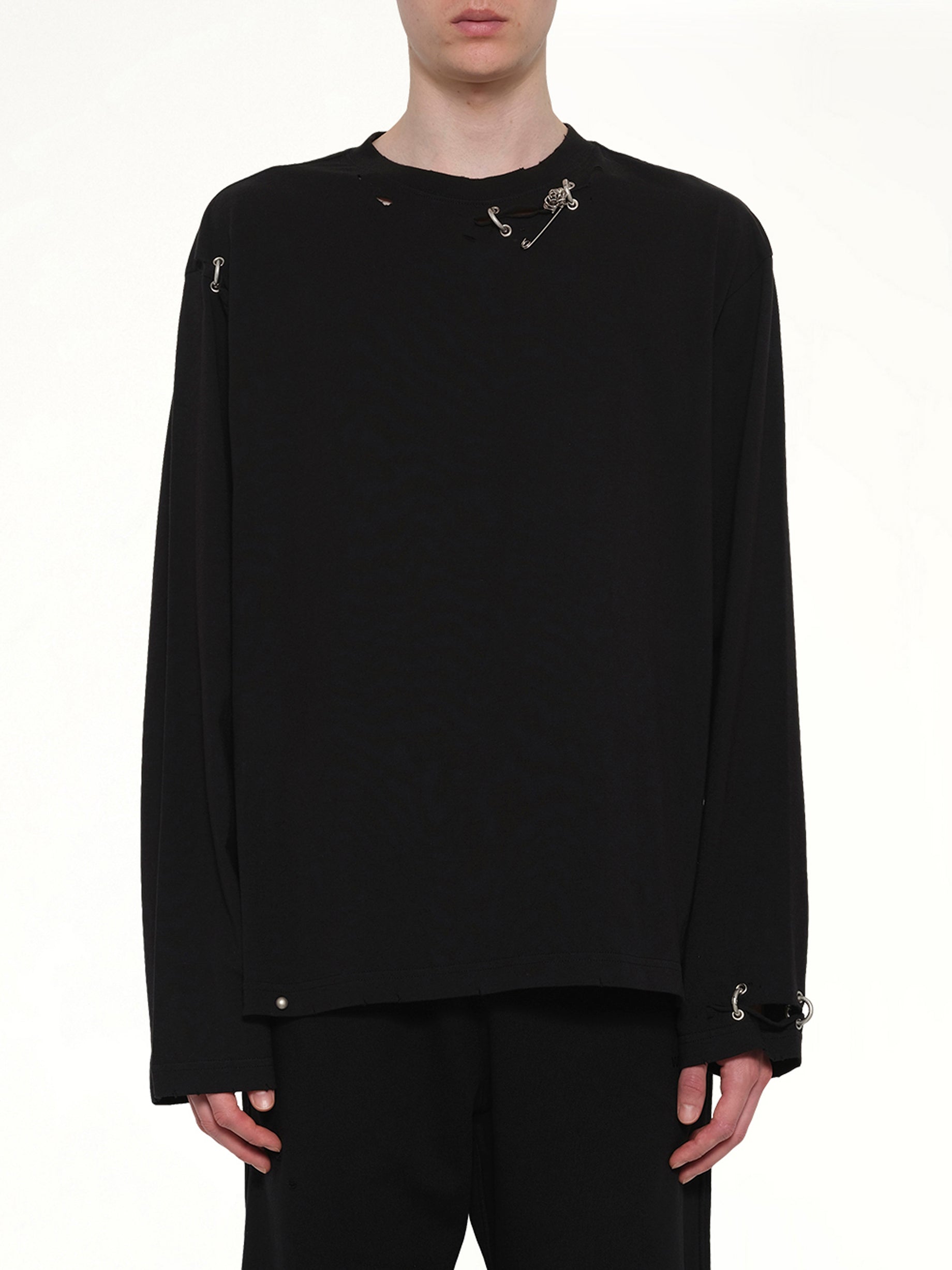 Piercing Detail Long Sleeve T-Shirt in Black