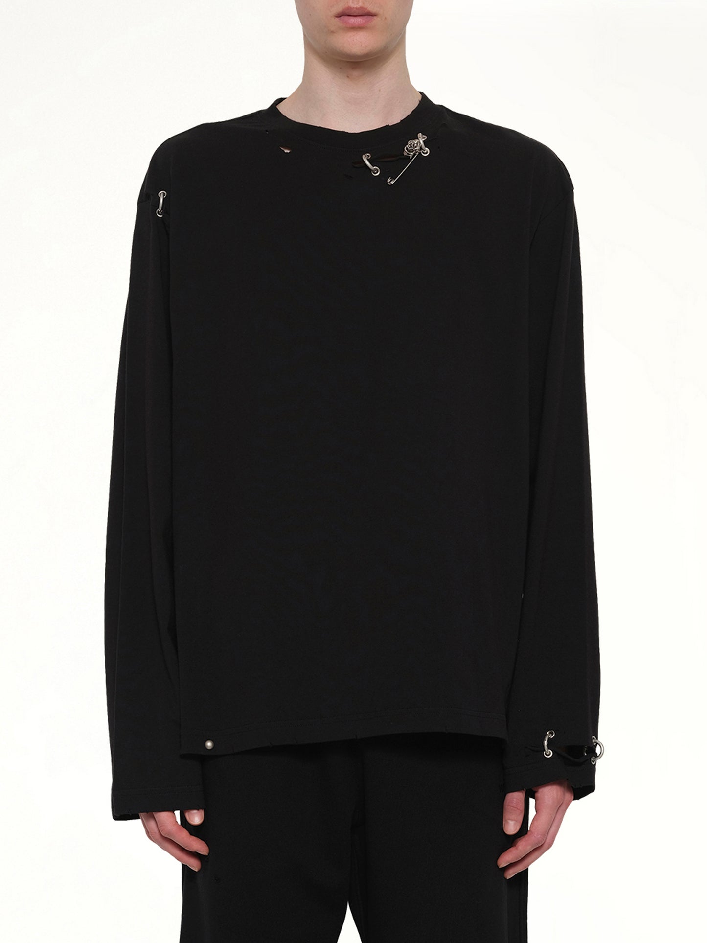 Piercing Detail Long Sleeve T-Shirt in Black