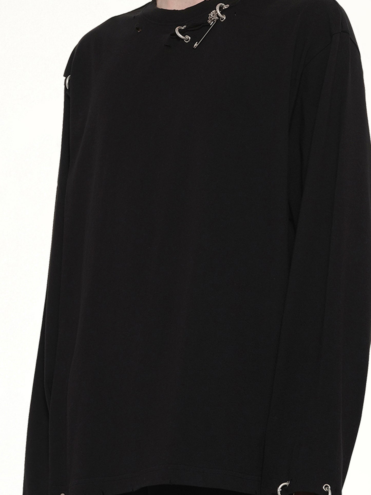 Piercing Detail Long Sleeve T-Shirt in Black