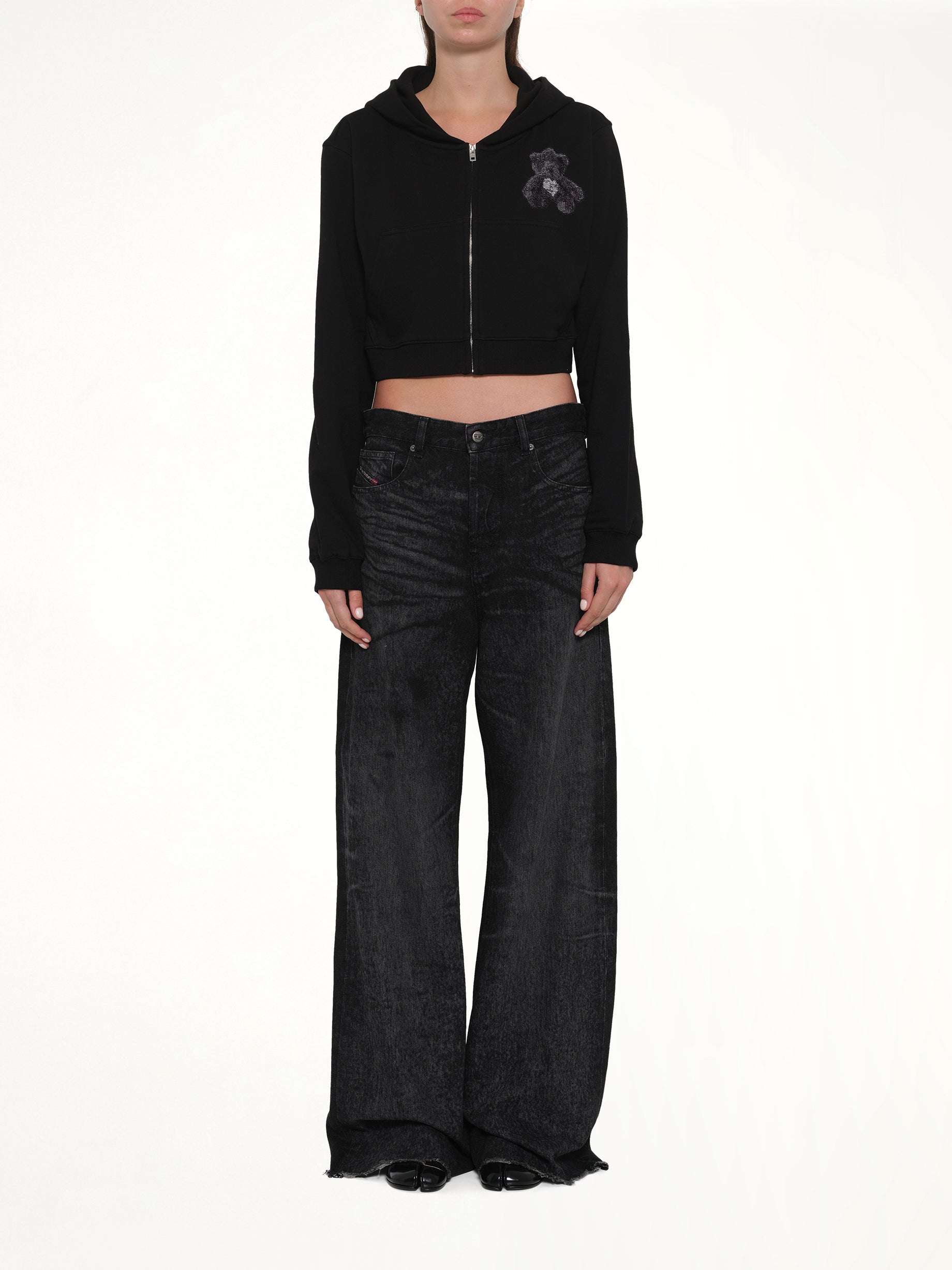Teddy Bear Zip-Up Slim-Fit Hoodie in Black